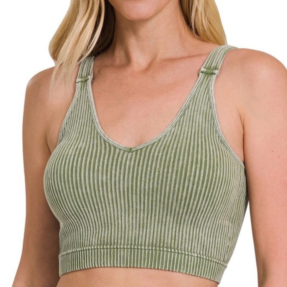 Washed Ribbed Padded Crop Tank - Ash Olive